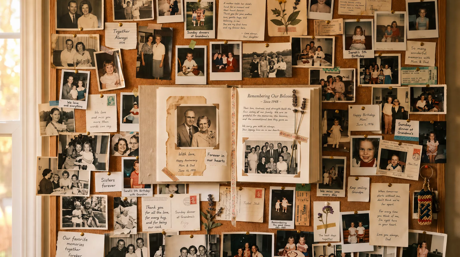 A wall of family photographs and an open memorial book