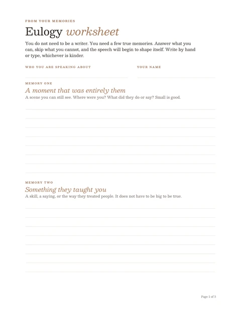 The eulogy worksheet template, first page