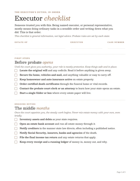 The executor's checklist template, first page