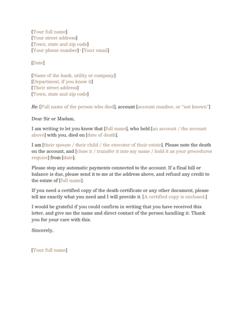 The death notification letter template, first page