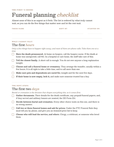 The funeral planning checklist template, first page