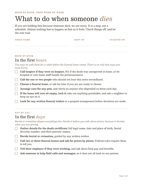 The what-to-do-when-someone-dies checklist template, first page