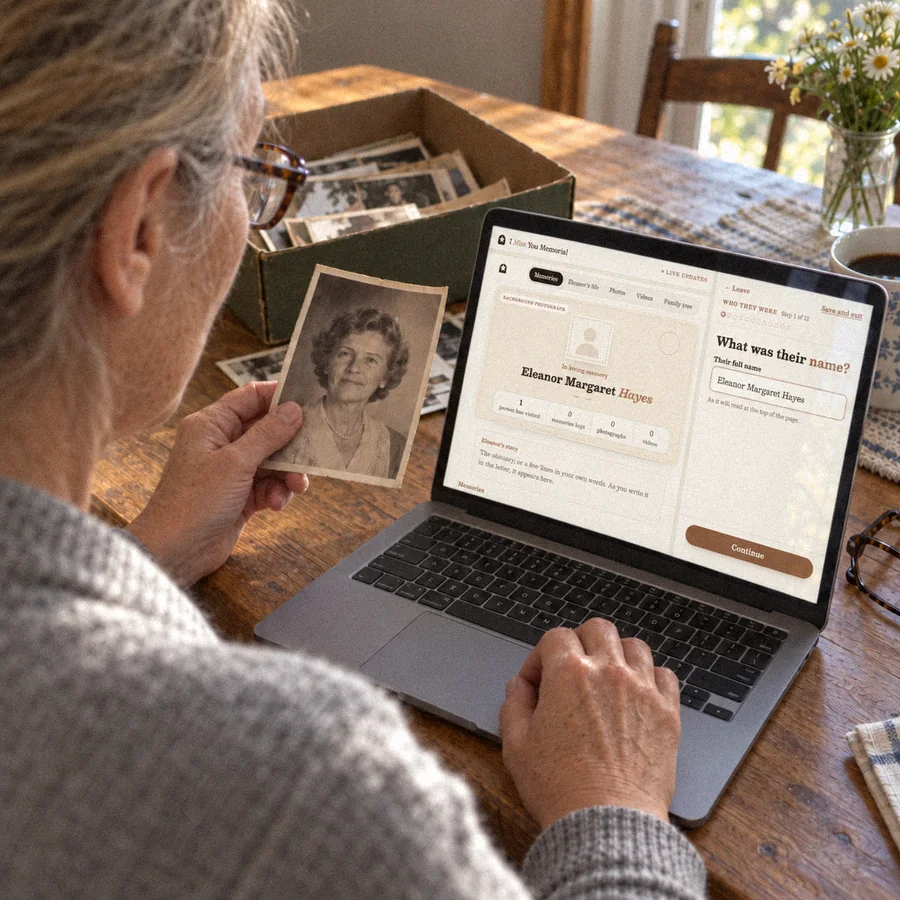 Her daughter at the kitchen table, adding her mother's name and a favorite photograph to the letter