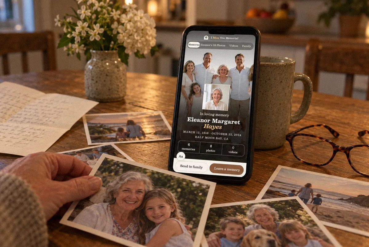 A phone propped on a kitchen table showing a tribute page, beside printed photographs and a letter
