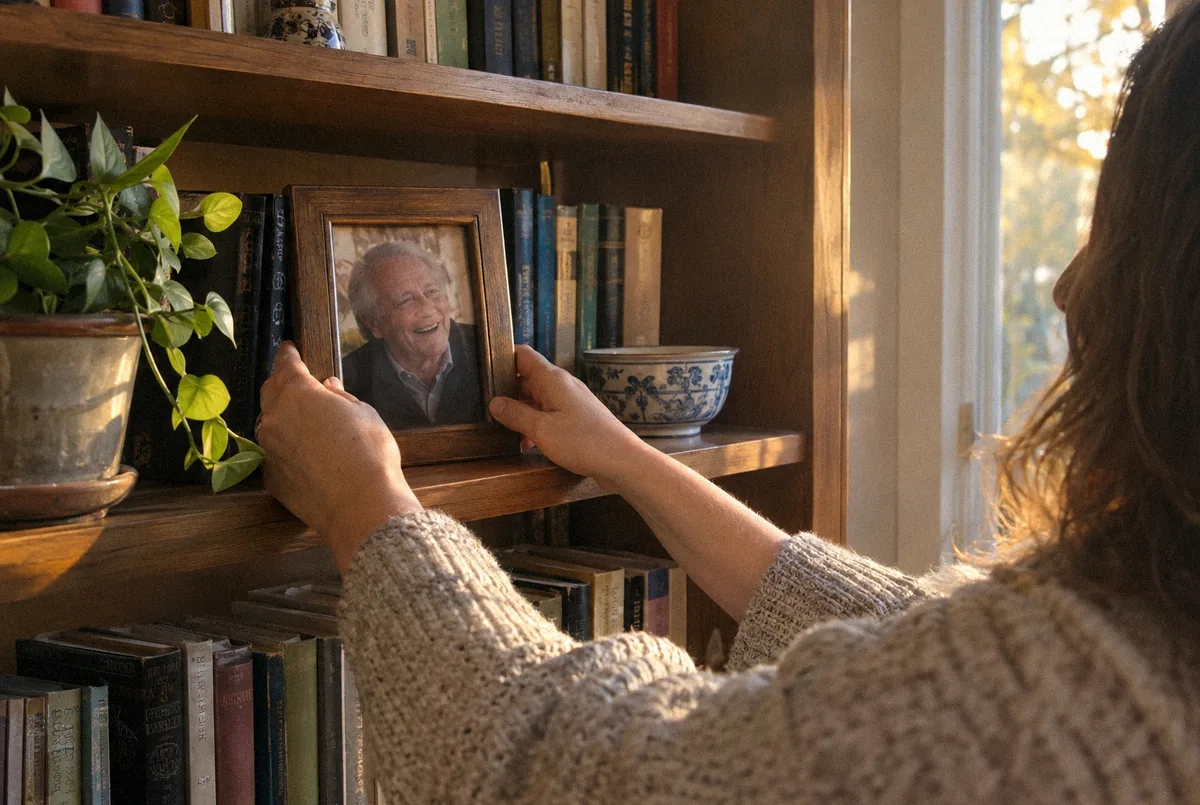 A framed photograph being set on a bookshelf to stay