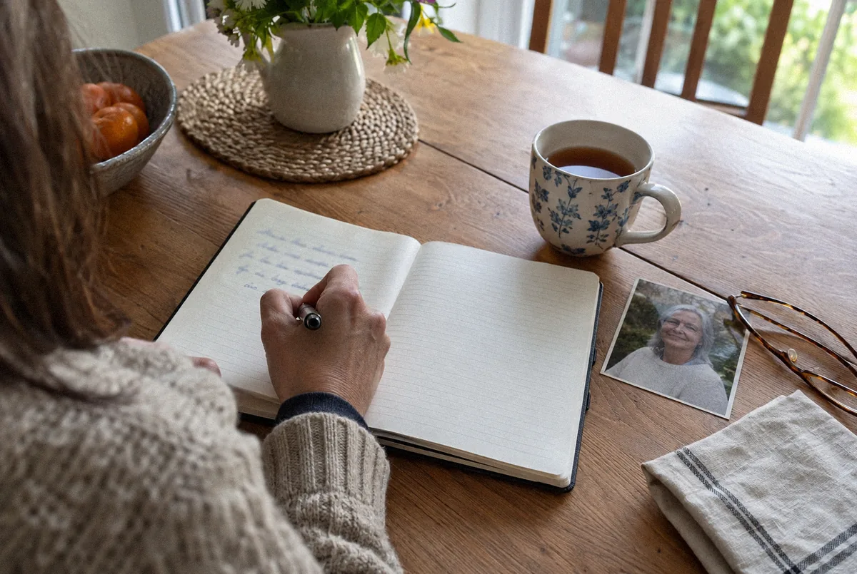 A hand with a pen over a notebook, a photograph and a cup of tea beside it