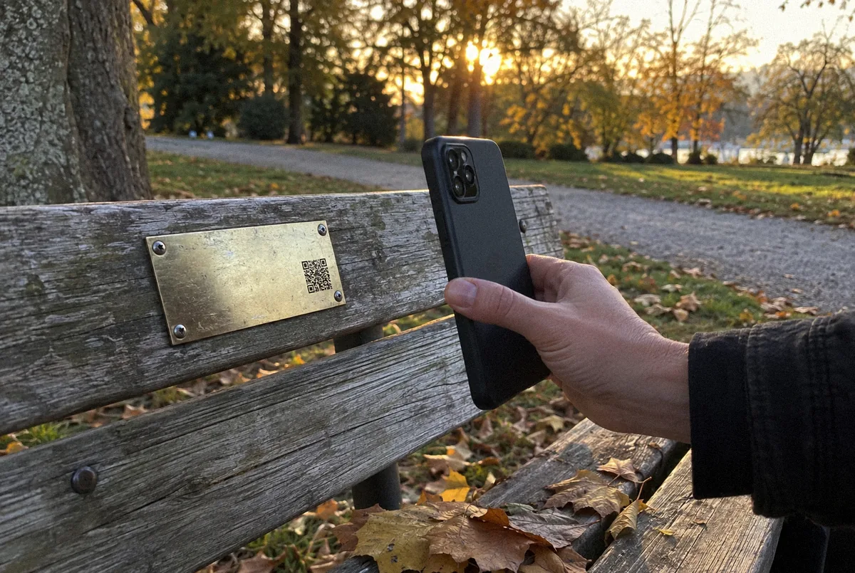 A phone held up to a small brass plaque with a QR code on a park bench