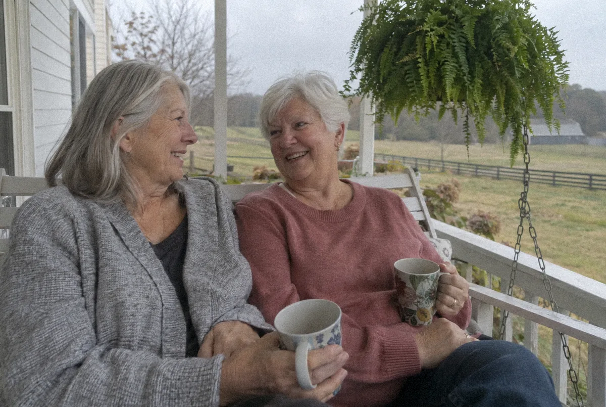 Diane and her sister on the porch swing