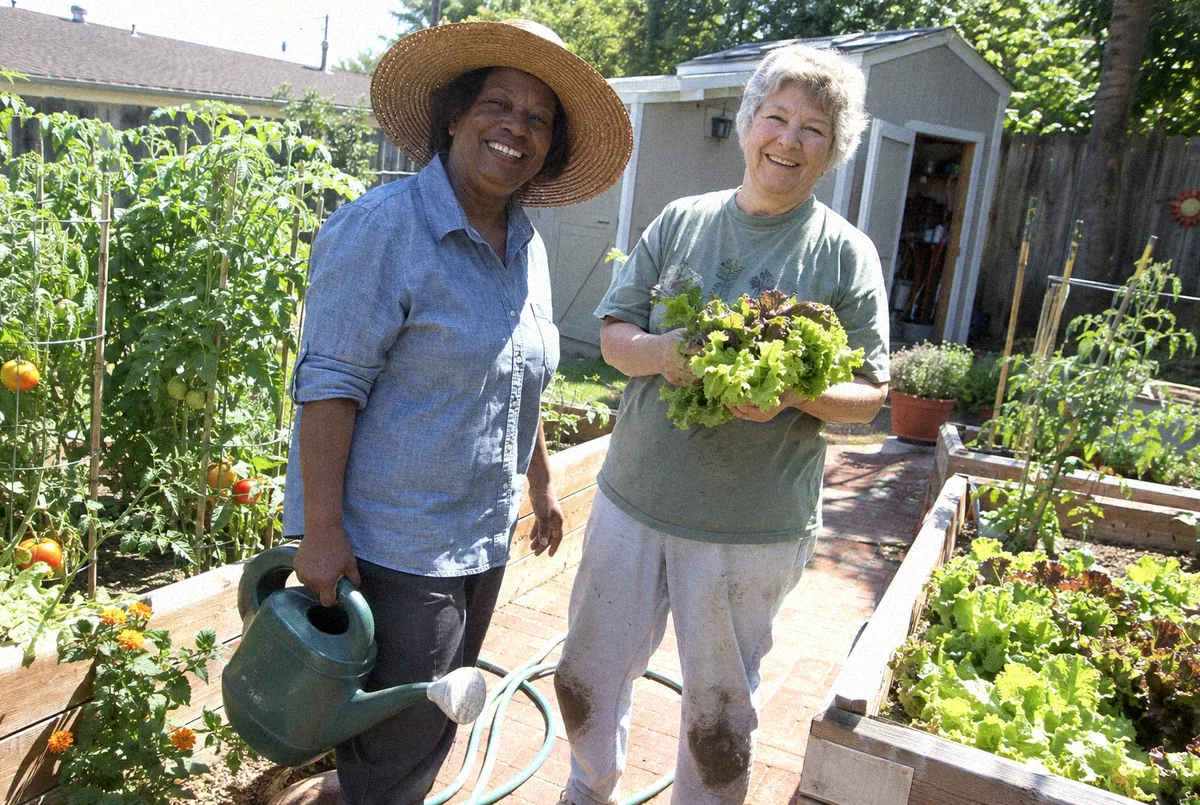 Mrs. Okafor and her neighbor in the garden