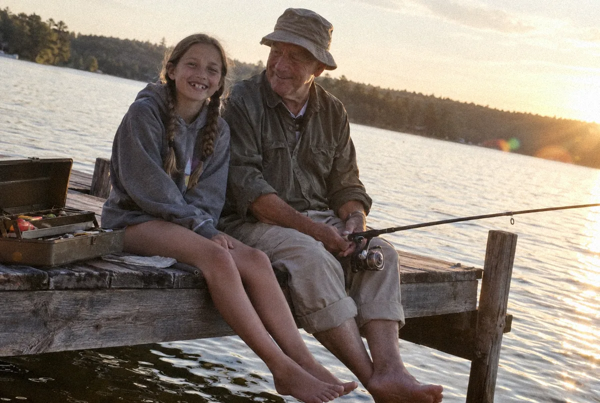 Kayla and her grandfather on the dock