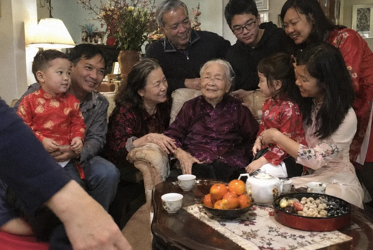 The Nguyen family around their grandmother at Lunar New Year