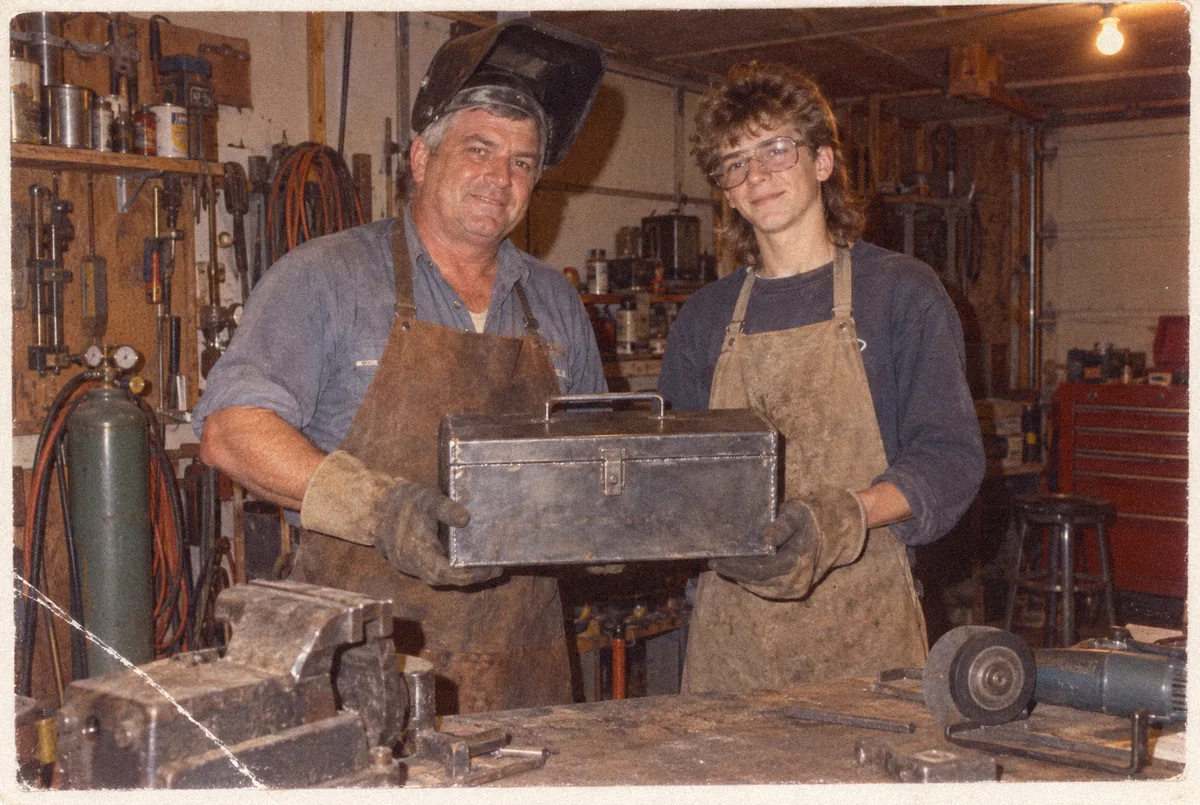 Sam and Mr. Carter in the workshop in 1988
