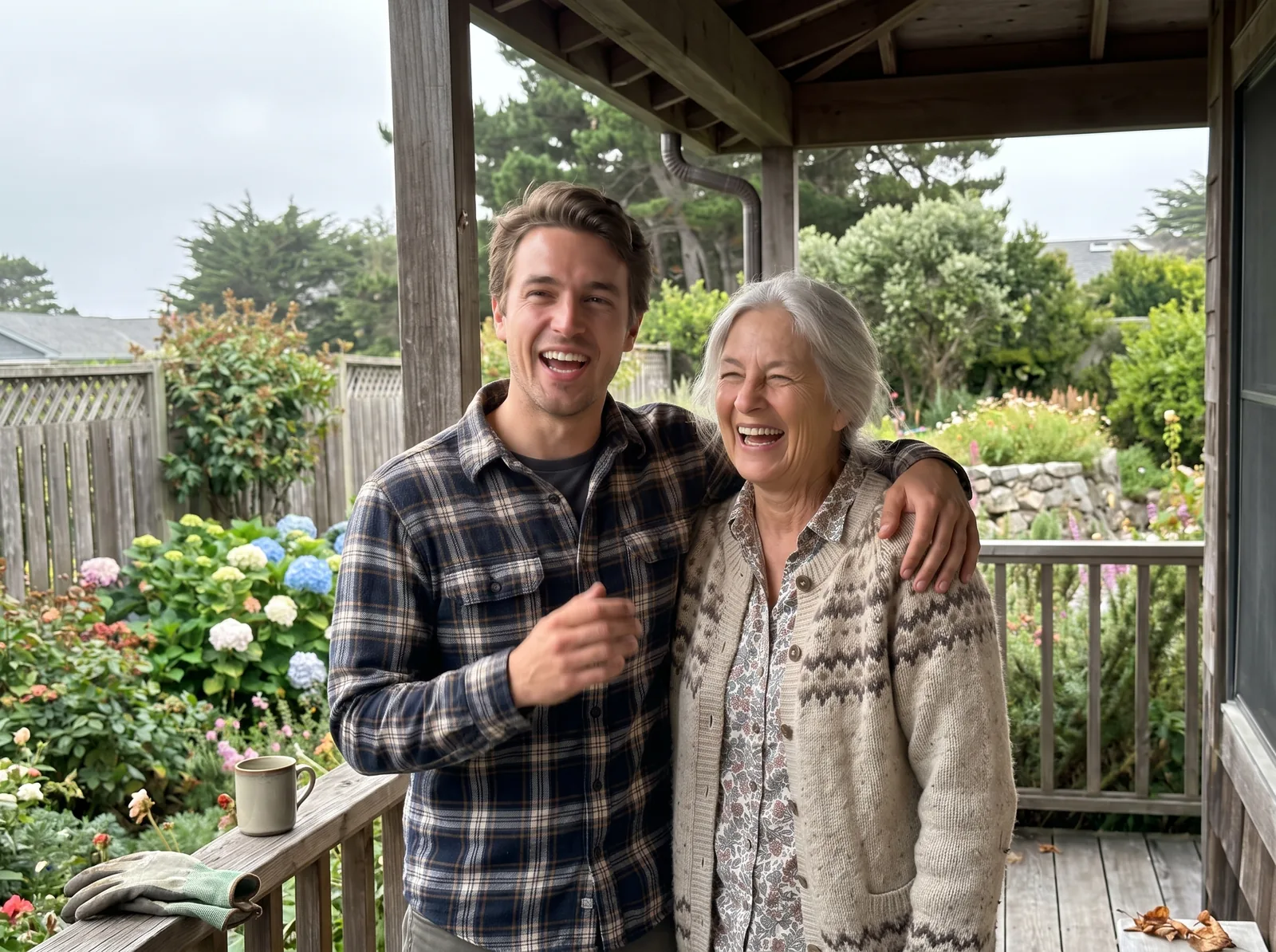 Eleanor laughing with her grandson on the porch