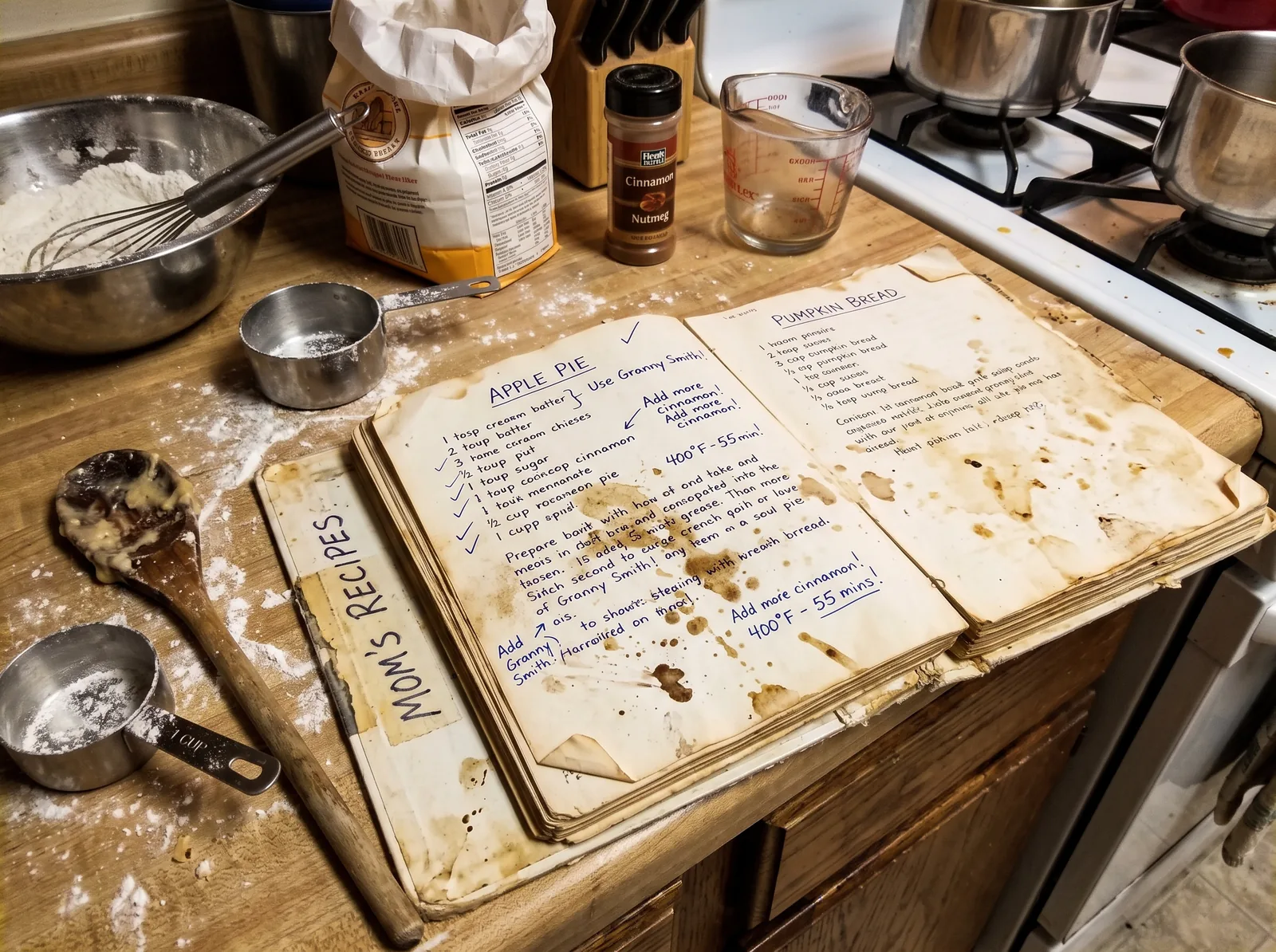 Her recipe book, open mid-cooking