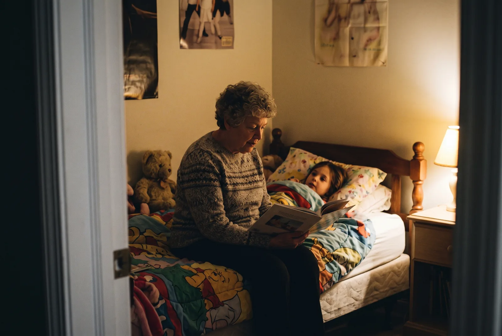 Her grandmother reading the goodnight story